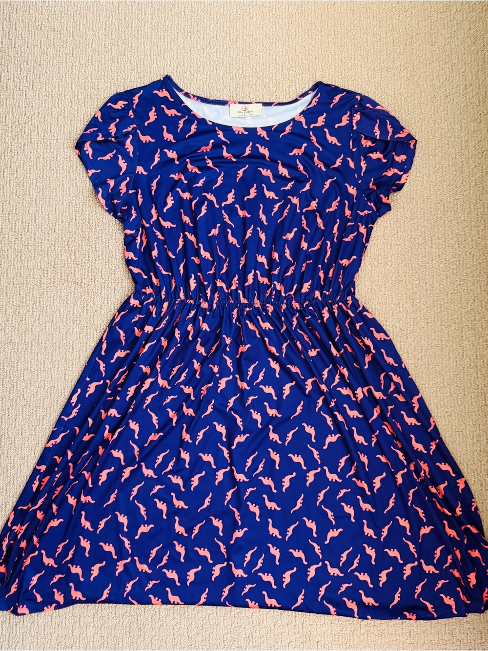 Navy & Coral Dinosaur Print Short Sleeve Dress - Picture 2 of 6